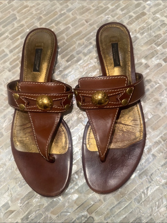 Dolce & Gabbana Shoes - Dolce & Gabbana Brown Leather Thong Sandals with Gold Medallions